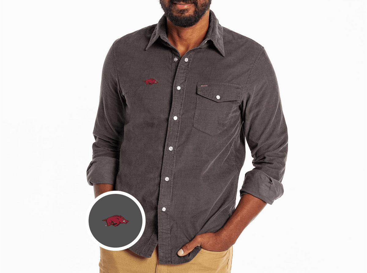 Criquet Arkansas Corduroy Pearl Snap in Hog, Charcoal, view 1