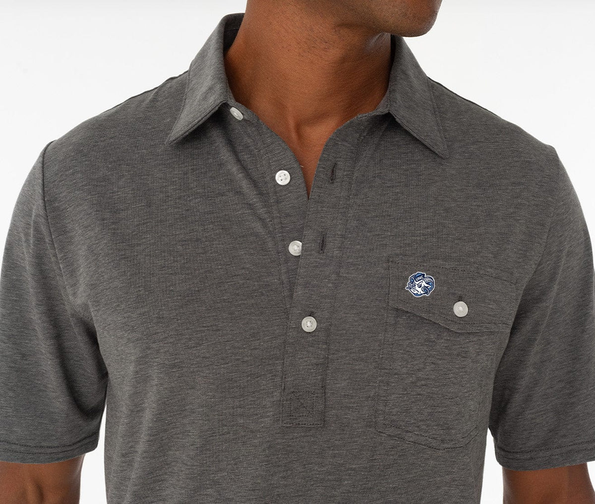 Criquet North Carolina in Coach's Performance Players Shirt, Tarheel Head, Heather Gray, view 2