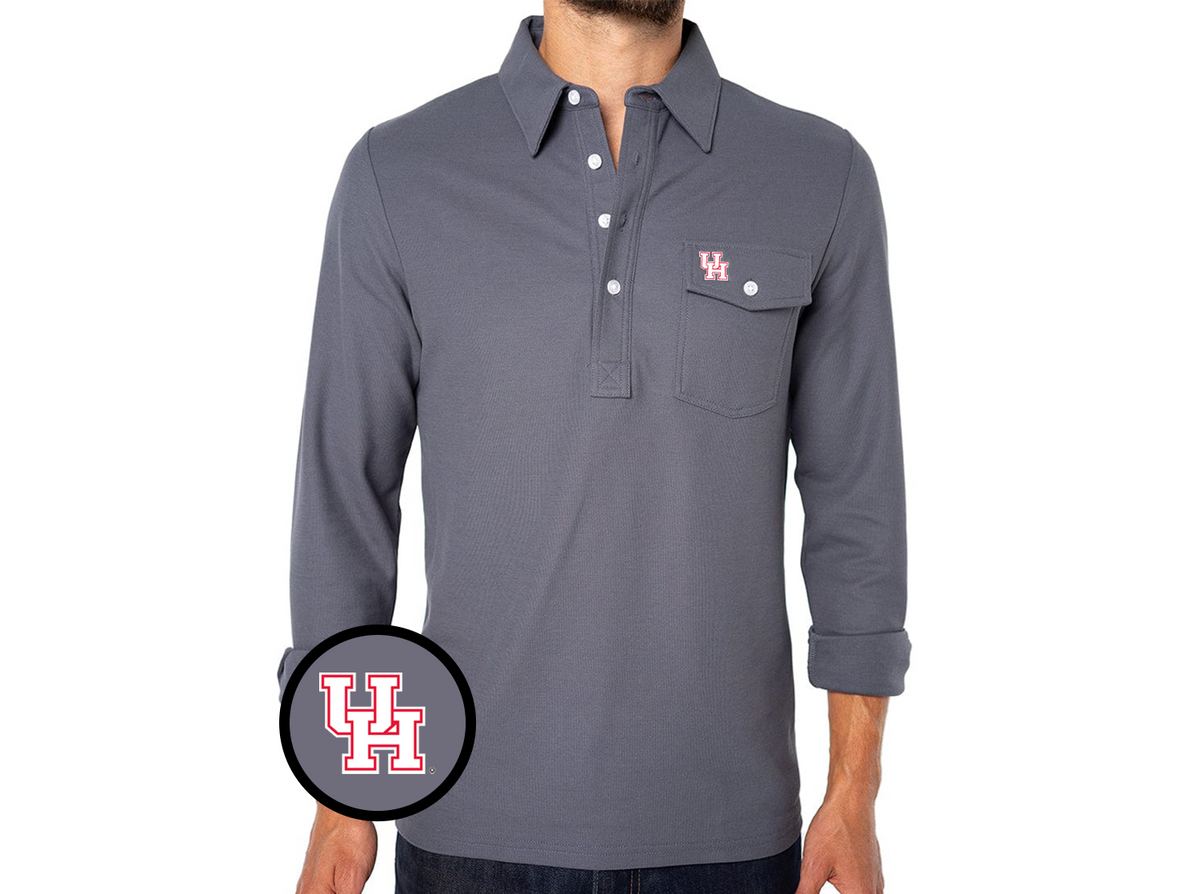 Houston - Coach's Long Sleeve Players Shirt - UH Interlock - Blue Steel