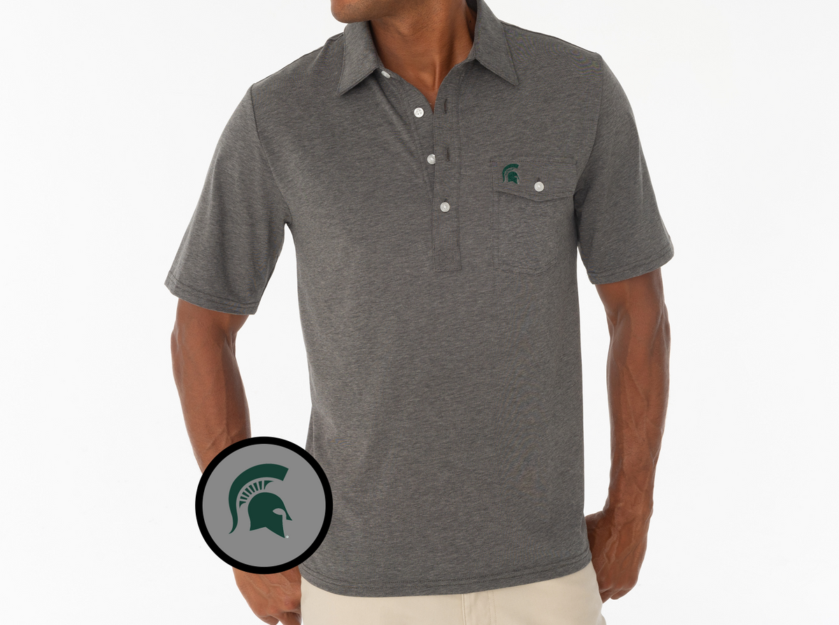 Criquet Michigan State in Coaches Players Shirt, Spartan Helmet, Heather Grey, view 2