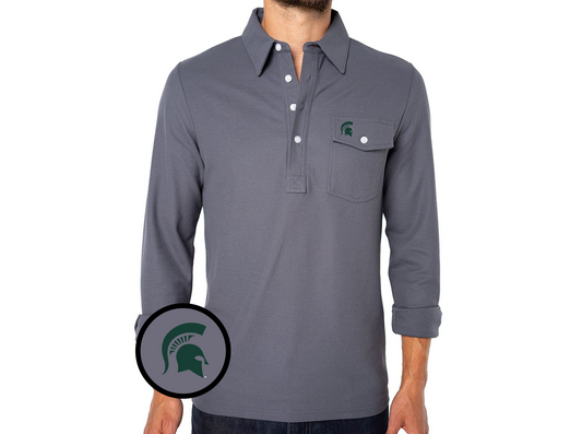 Michigan State - Coach's Long Sleeve Players Shirt - Spartan Helmet - Blue Steel