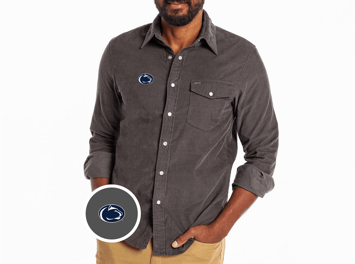 Criquet Penn State Corduroy Pearl Snap in Lion Icon, Charcoal, view 2