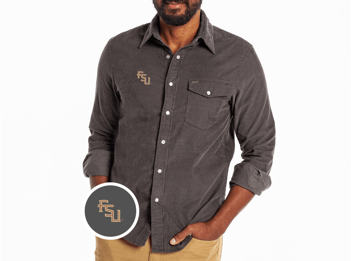 Criquet Florida State Corduroy Pearl Snap in FSU, Charcoal, view 1