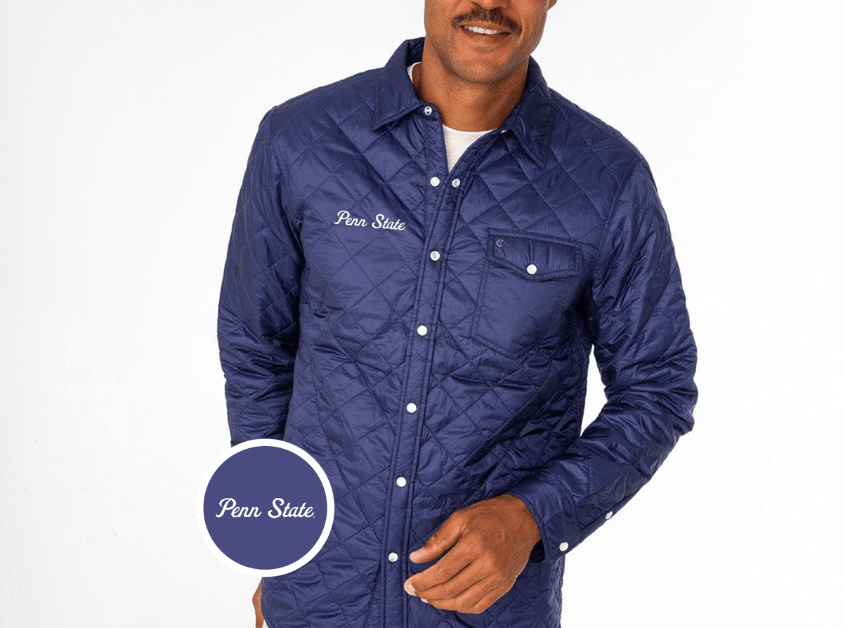 Criquet Penn State in Quilted Shacket, Script, Navy, view 1