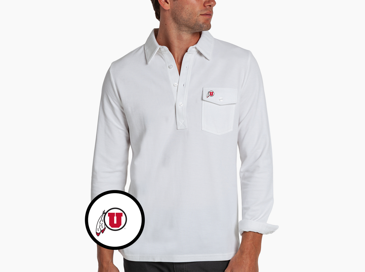 Criquet Utah Long Sleeve Players Shirt in Circle & Feather, White, view 1