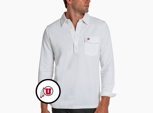 Criquet Utah Long Sleeve Players Shirt in Circle & Feather, White, view 1