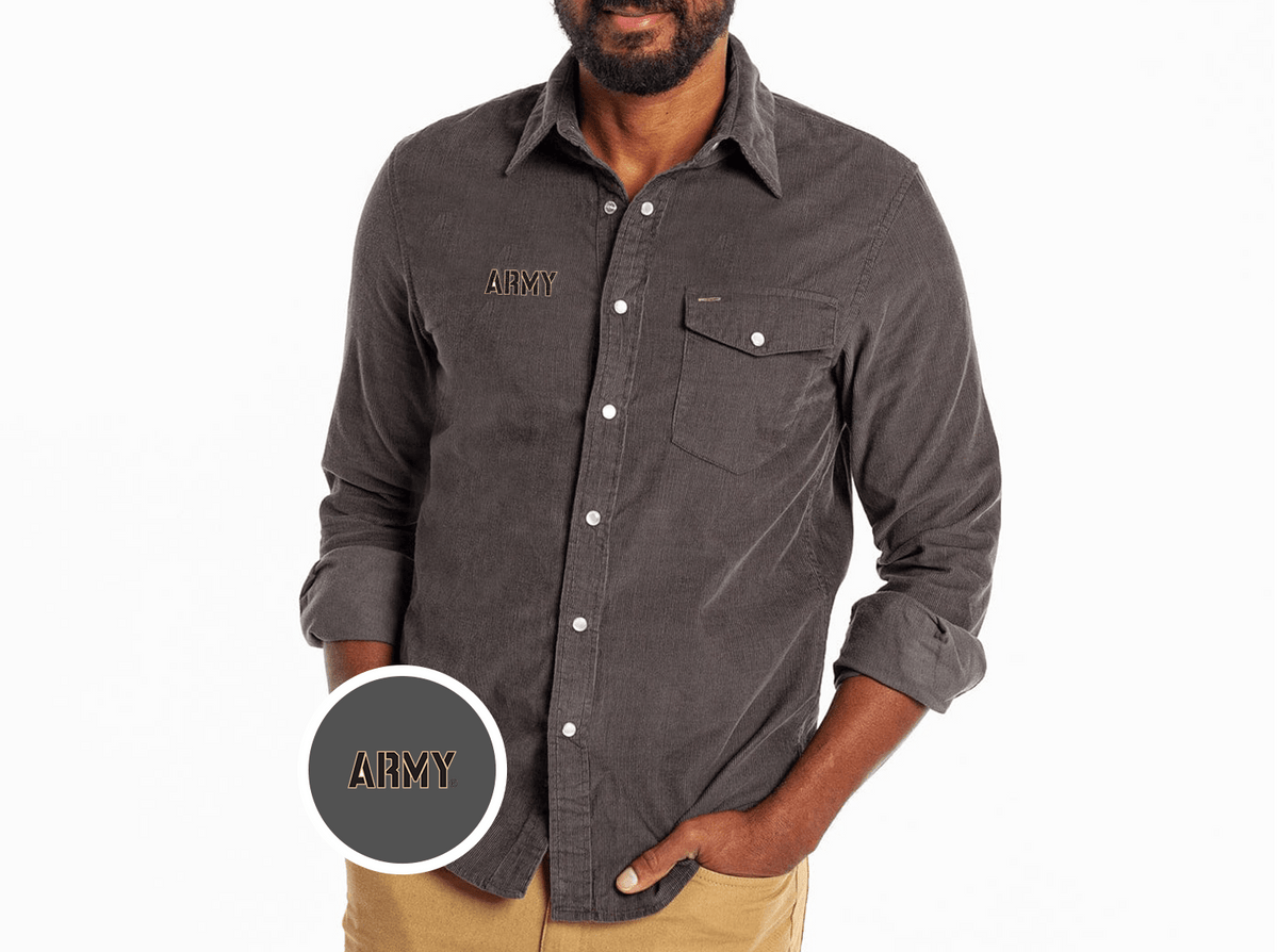 Criquet Army Corduroy Pearl Snap in Army Text, Charcoal, view 1