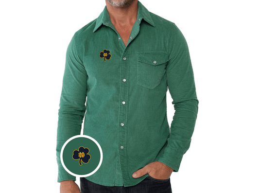 Criquet Notre Dame Corduroy Pearl Snap in Shamrock, Deep Sea, view 1