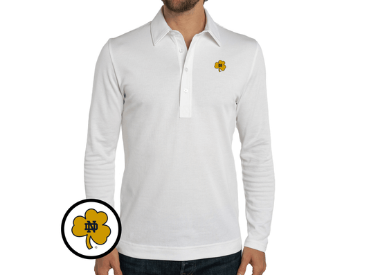 Criquet Notre Dame Jacquard Long Sleeve Range Polo in Shamrock, White, view 1