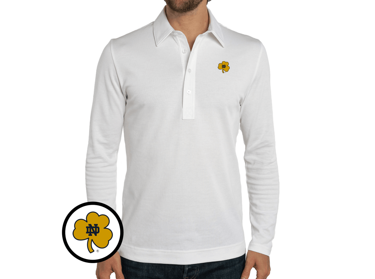 Criquet Notre Dame Jacquard Long Sleeve Range Polo in Shamrock, White, view 2