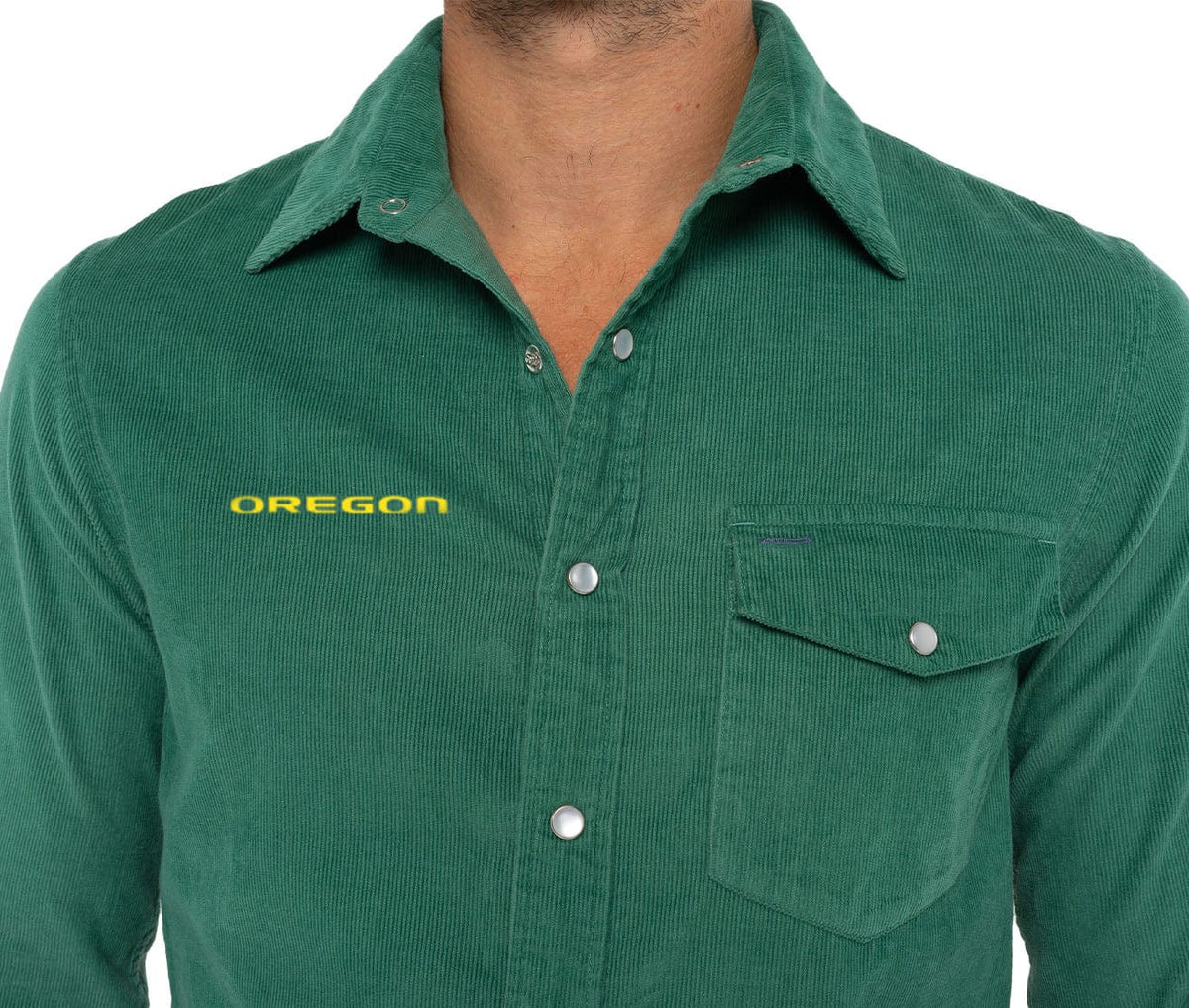 Criquet Oregon Corduroy Pearl Snap in Oregon Wordmark, Green, view 2