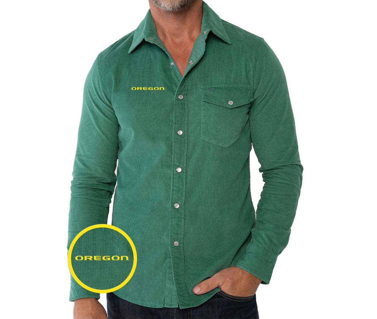 Criquet Oregon Corduroy Pearl Snap in Oregon Wordmark, Green, view 1
