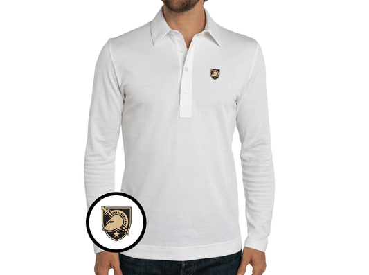 Criquet Army Jacquard Long Sleeve Range Polo in Shield, White, view 1