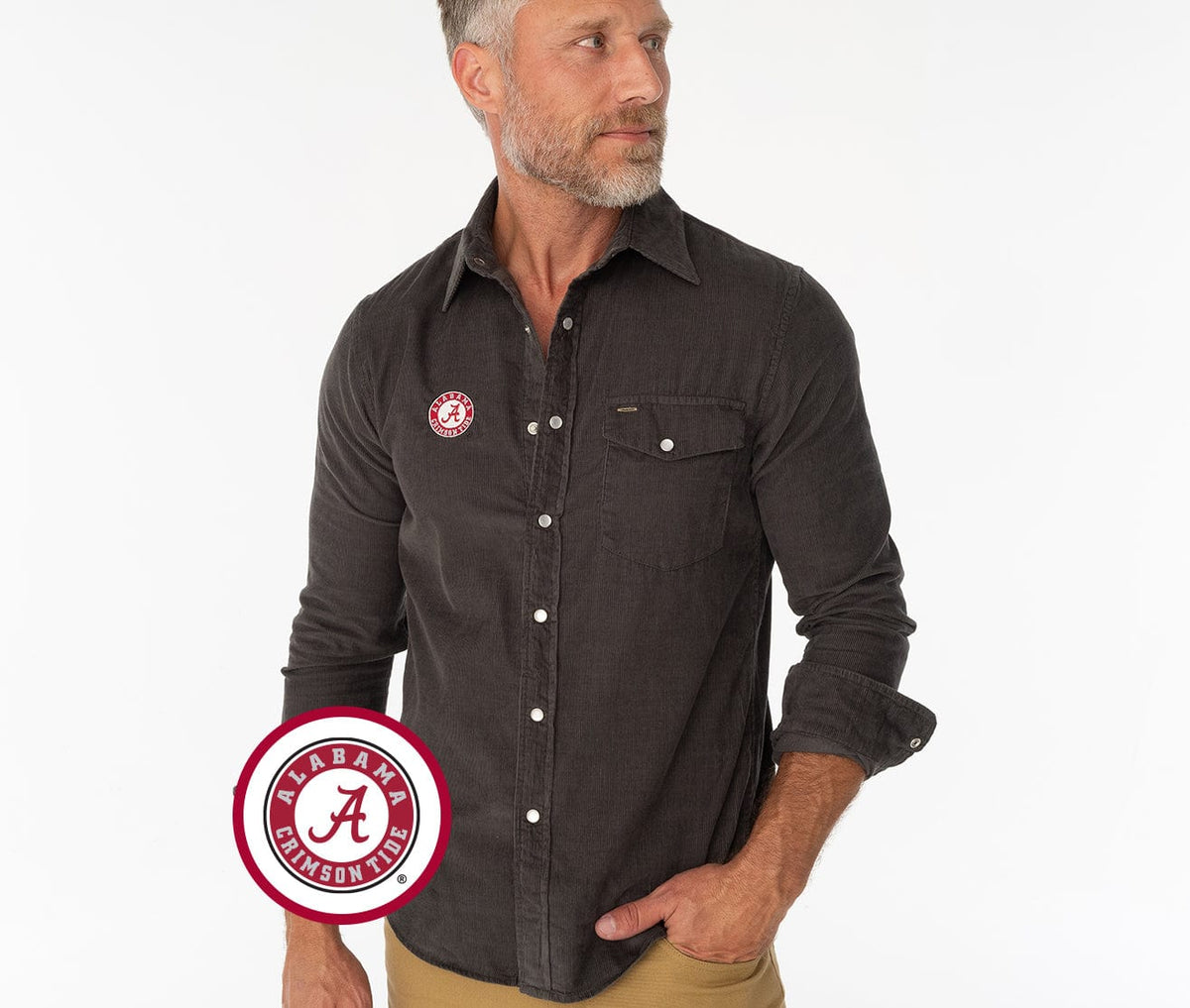 Criquet Alabama Corduroy Pearl Snap in A Badge (R/W), Charcoal, view 1