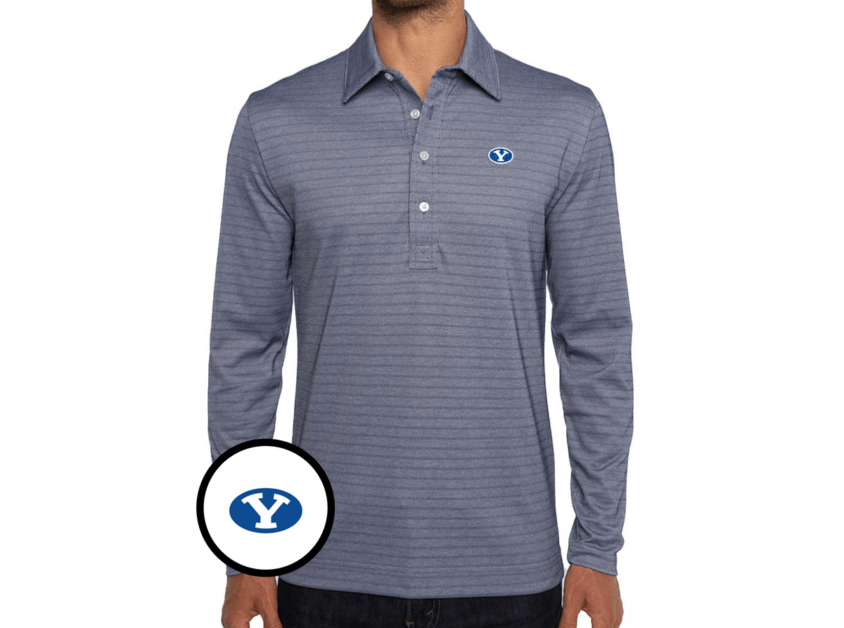 Criquet BYU Jacquard Long Sleeve Range Polo in Oval, Navy Stripe, view 1