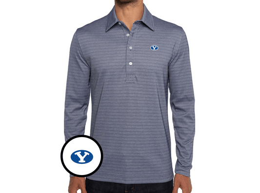 Criquet BYU Jacquard Long Sleeve Range Polo in Oval, Navy Stripe, view 1