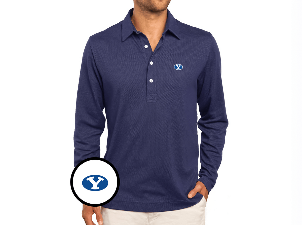 Criquet BYU Jacquard Long Sleeve Range Polo in Oval, Navy, view 1