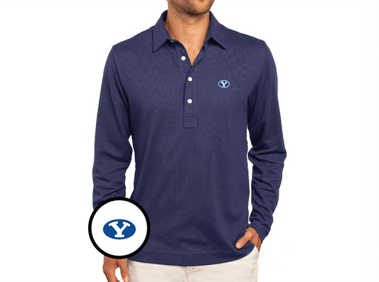 Criquet BYU Jacquard Long Sleeve Range Polo in Oval, Navy, view 1