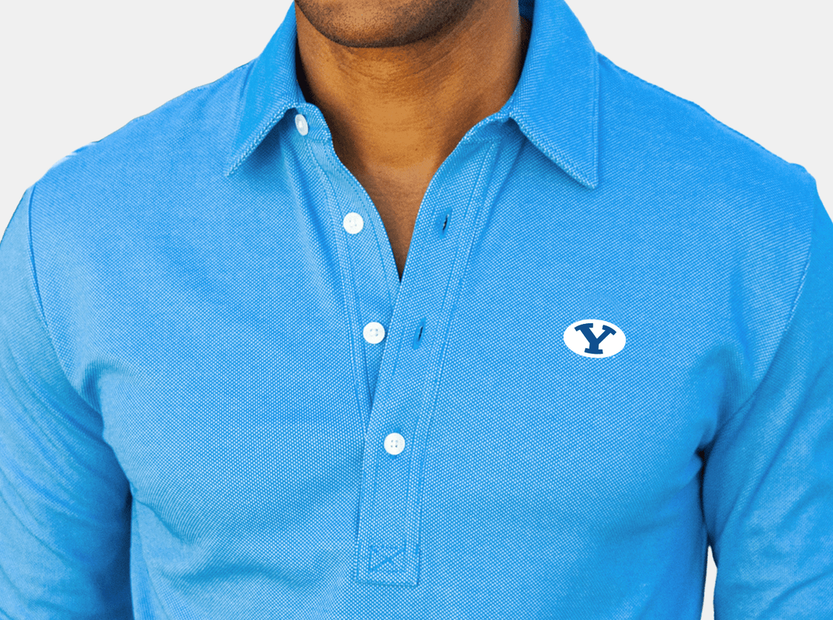 Criquet BYU Jacquard Long Sleeve Range Polo in Oval, Blue, view 2
