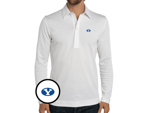 Criquet BYU Jacquard Long Sleeve Range Polo in Oval, White, view 1