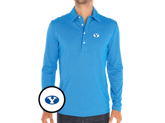 Criquet BYU Jacquard Long Sleeve Range Polo in Oval, Blue, view 1