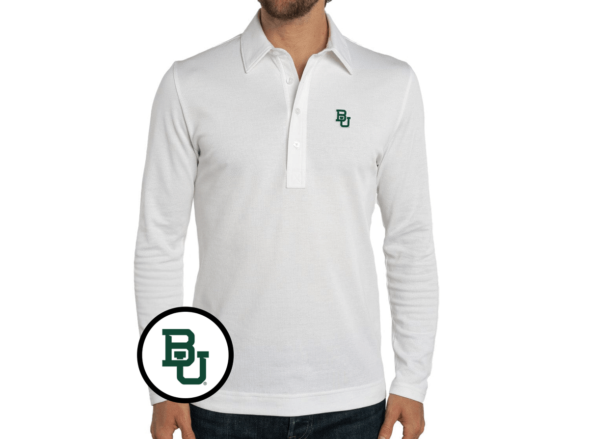 Criquet Baylor Jacquard Long Sleeve Range Polo in BU, White, view 1
