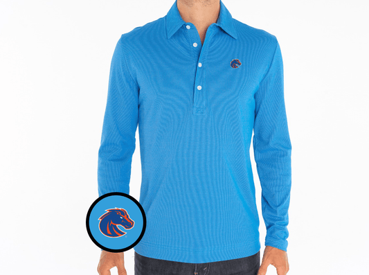 Criquet Boise State Jacquard Long Sleeve Range Polo in Bronco, Blue, view 1
