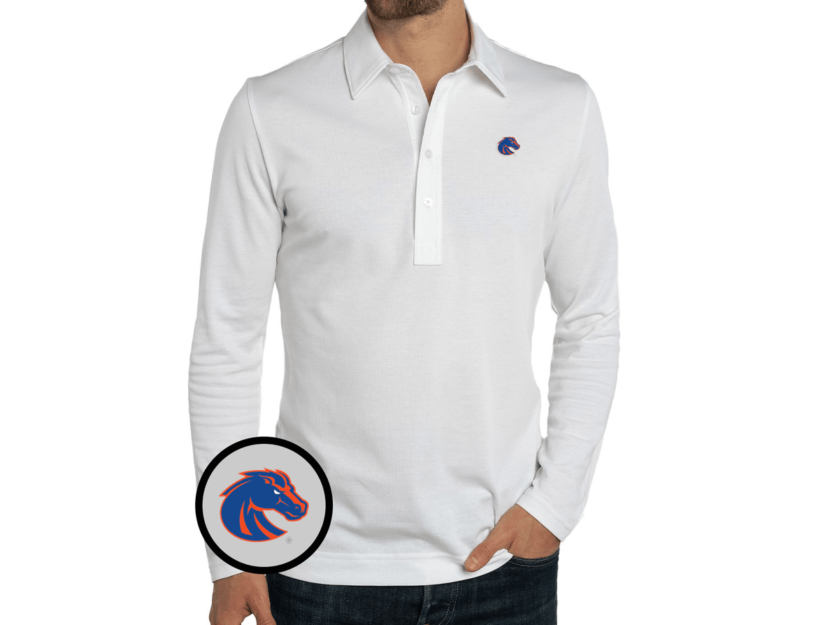 Criquet Boise State Jacquard Long Sleeve Range Polo in Bronco, White, view 1