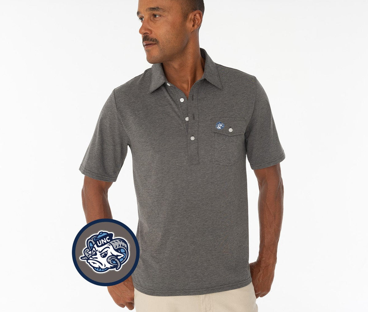 Criquet North Carolina in Coach's Performance Players Shirt, Tarheel Head, Heather Gray, view 1