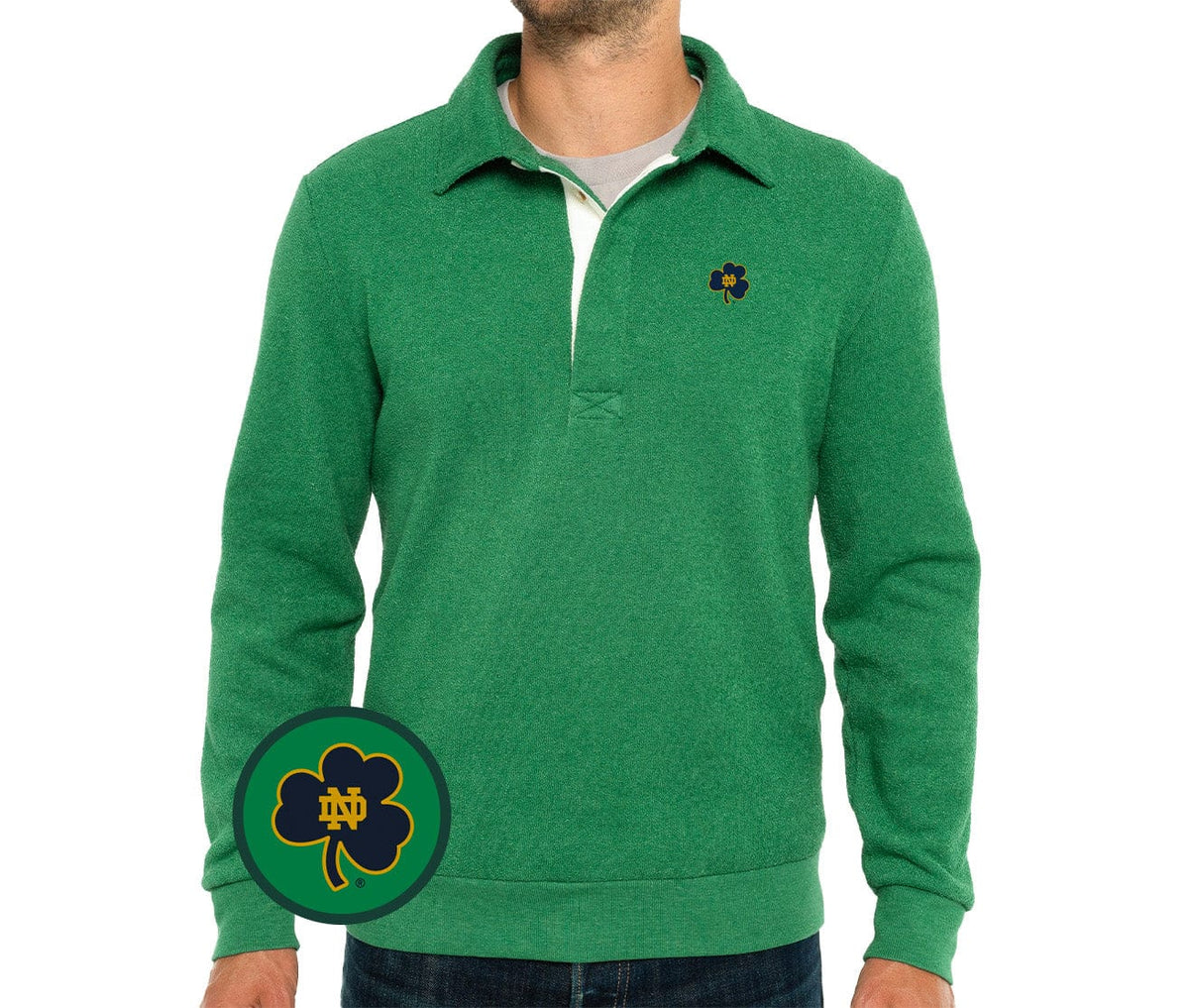 Criquet Notre Dame in Terry Collared Sweatshirt, Clover, Green, view 1