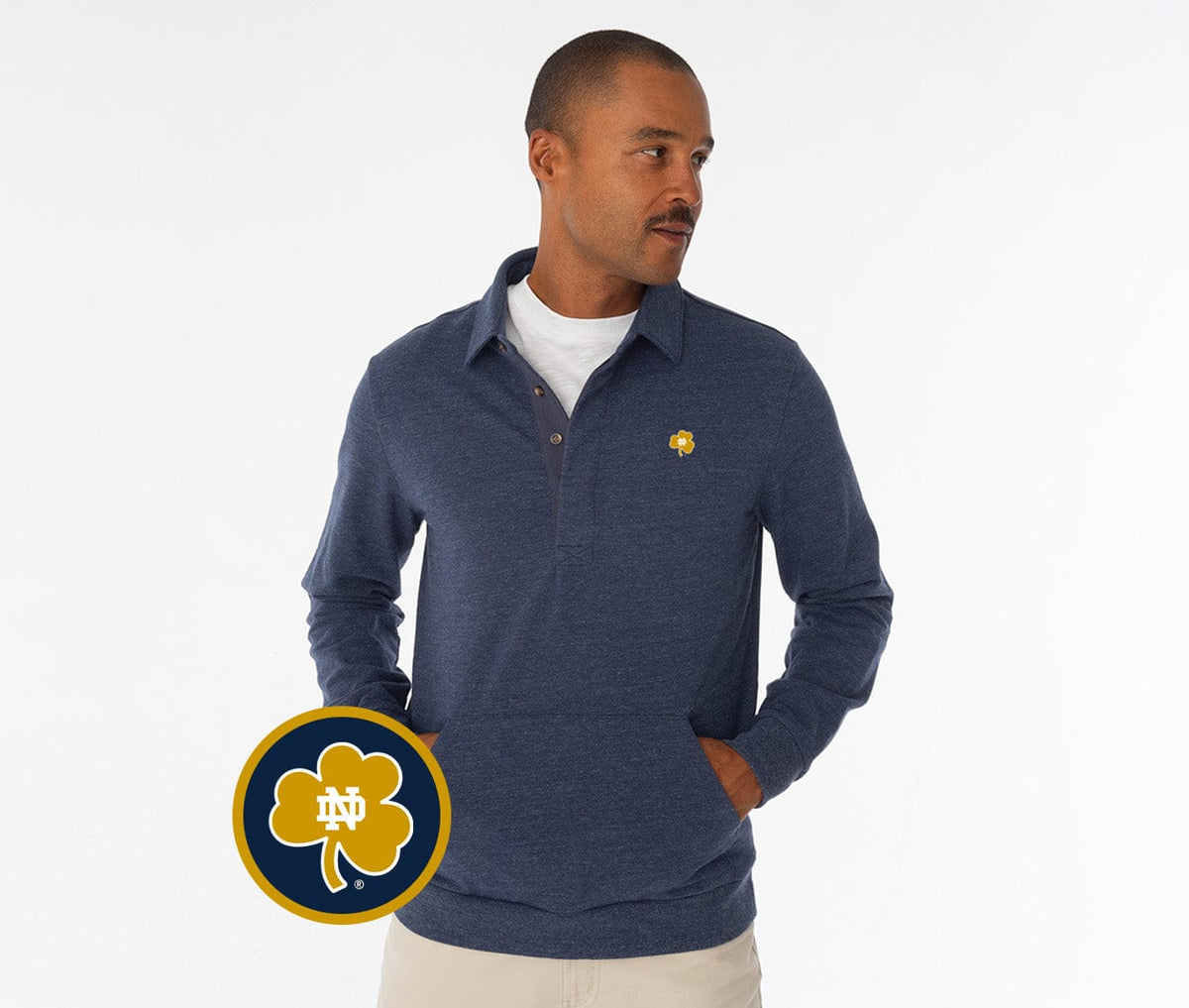Criquet Notre Dame in Collared Sweatshirt, Clover, Heather Navy, view 1