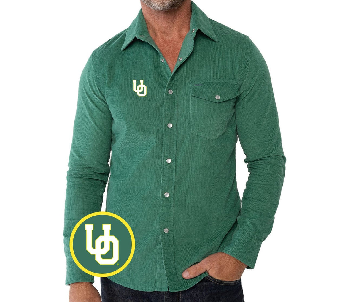 Criquet Oregon Corduroy Pearl Snap in Interlock, Green, view 1