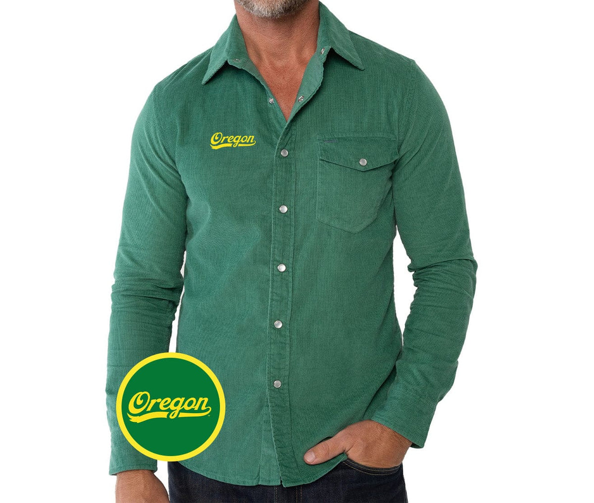 Criquet Oregon Corduroy Pearl Snap in Script, Green, view 1
