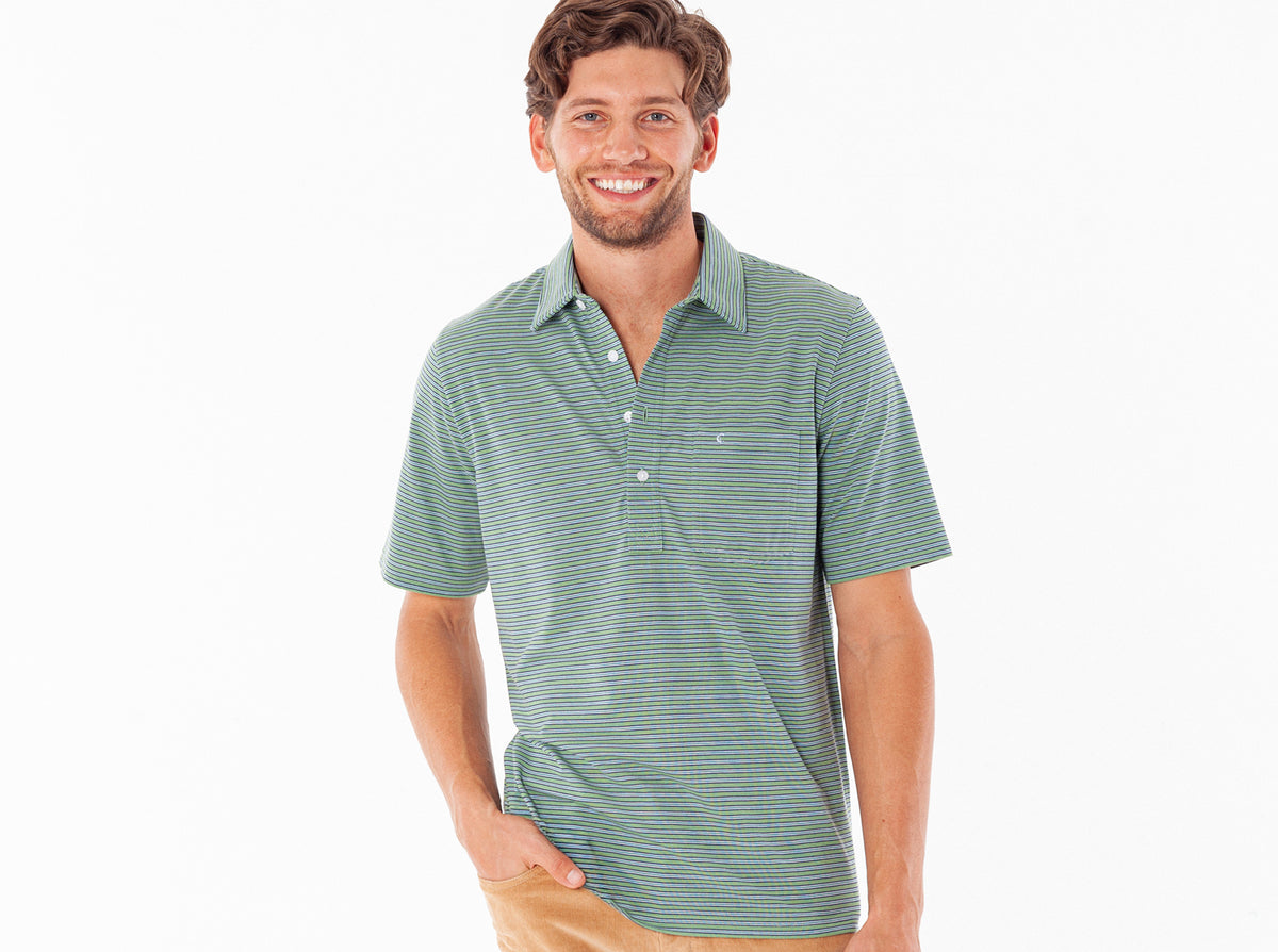 Criquet Performance Players Shirt in Fremont Stripe Green, studio photo