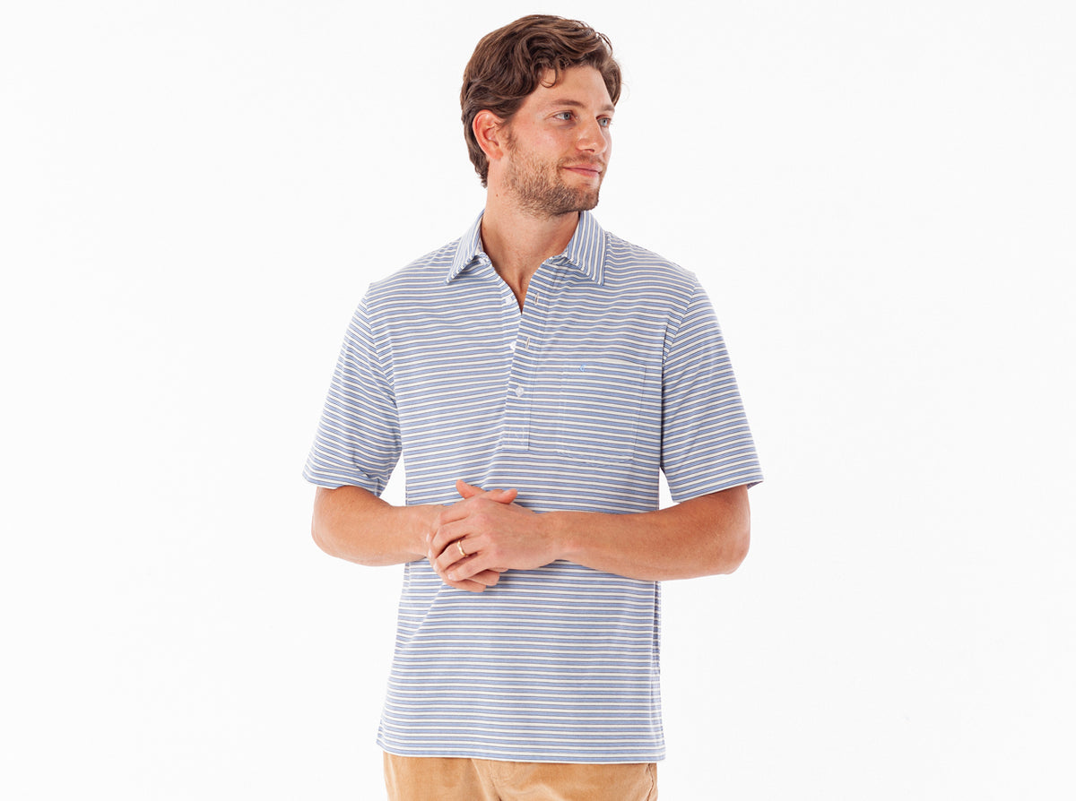 Criquet Performance Players Shirt in Fremont Stripe Cream, studio photo