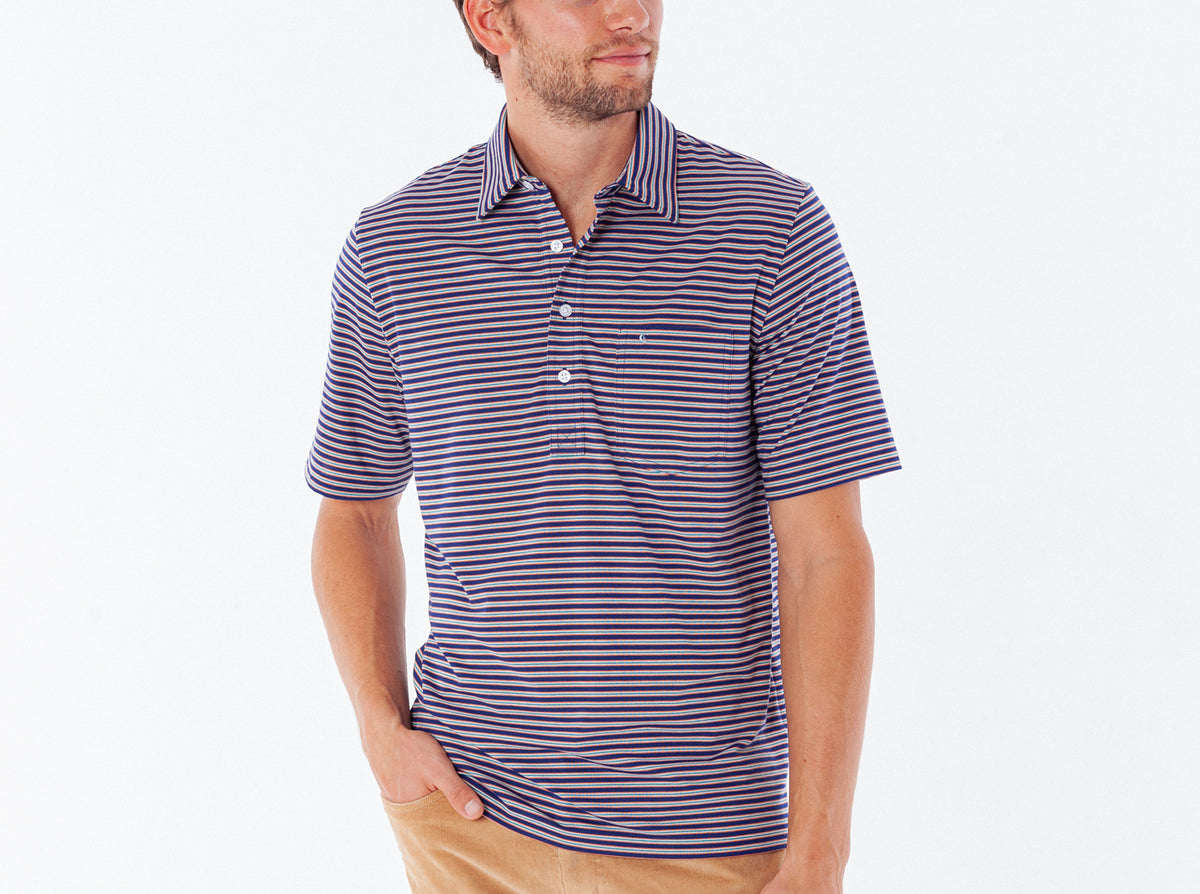 Criquet Performance Players Shirt in Fremont Stripe Navy, studio photo