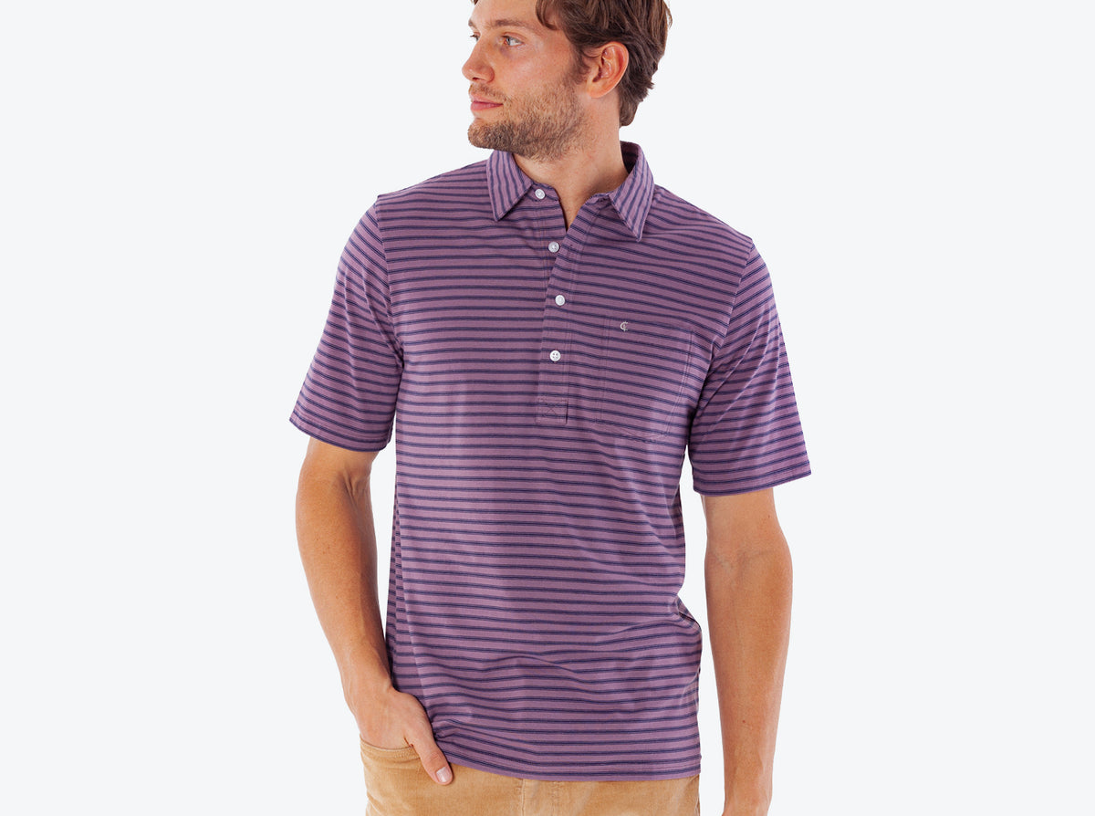 Criquet Top-Shelf Players Shirt in Canyon Stripe Dusk, studio photo