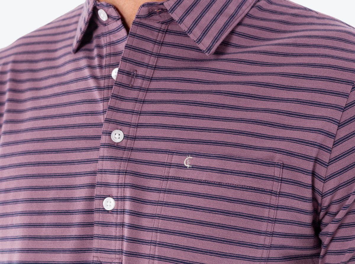 Criquet Top-Shelf Players Shirt in Canyon Stripe Dusk, studio photo