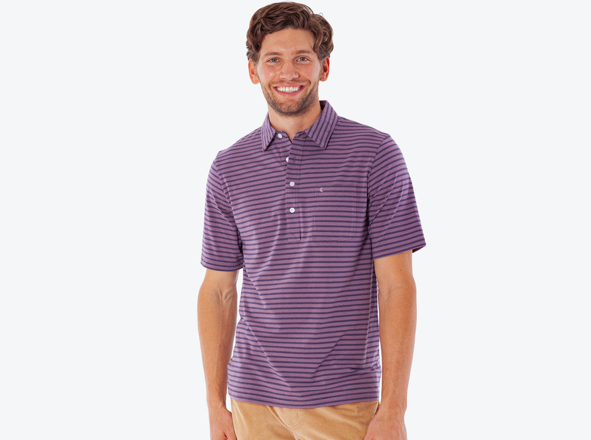 Criquet Top-Shelf Players Shirt in Canyon Stripe Dusk, studio photo