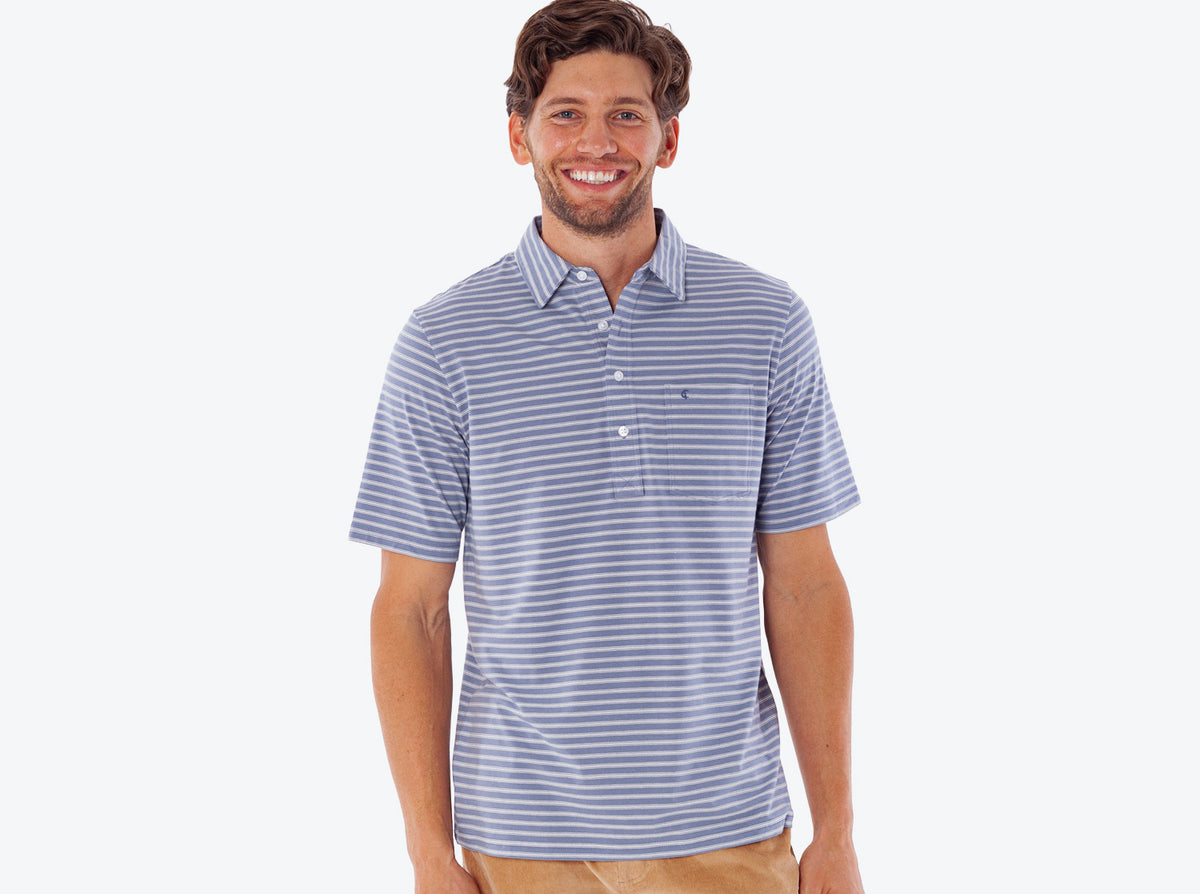 Criquet Top-Shelf Players Shirt in Canyon Stripe Blue, studio photo