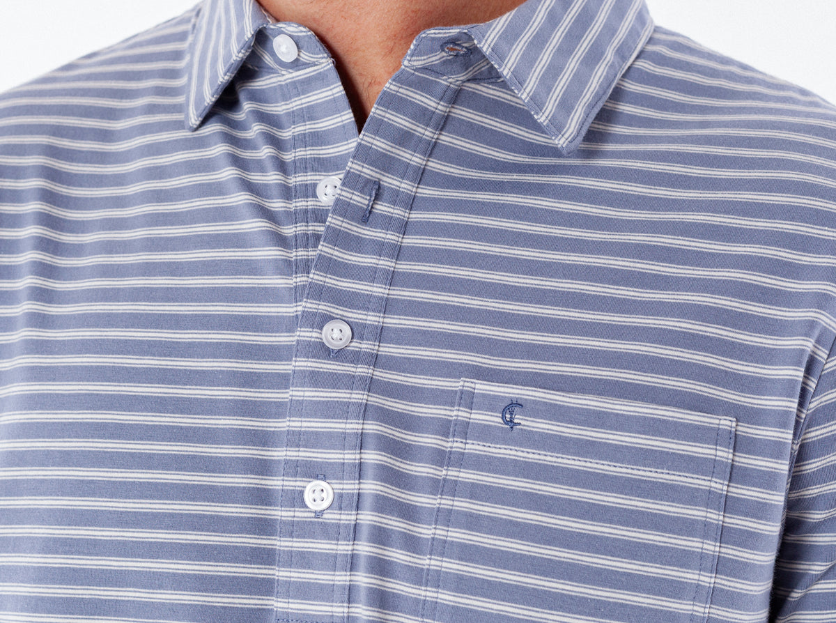 Criquet Top-Shelf Players Shirt in Canyon Stripe Blue, studio photo