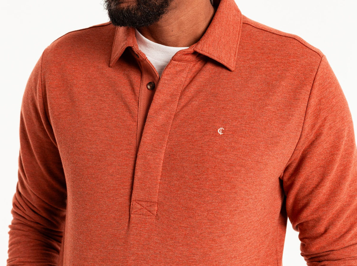 Criquet Collared Sweatshirt in Heather Burnt Orange, studio photo