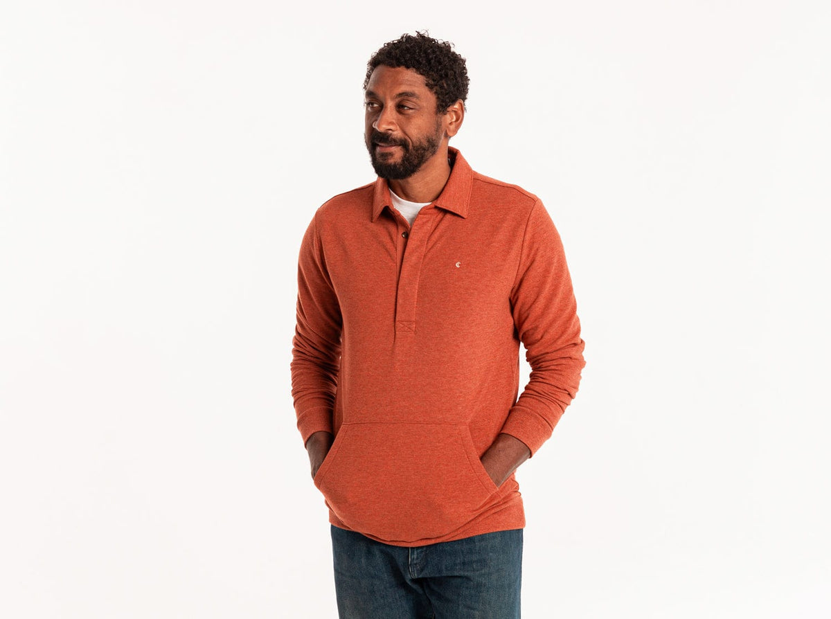 Criquet Collared Sweatshirt in Heather Burnt Orange, studio photo