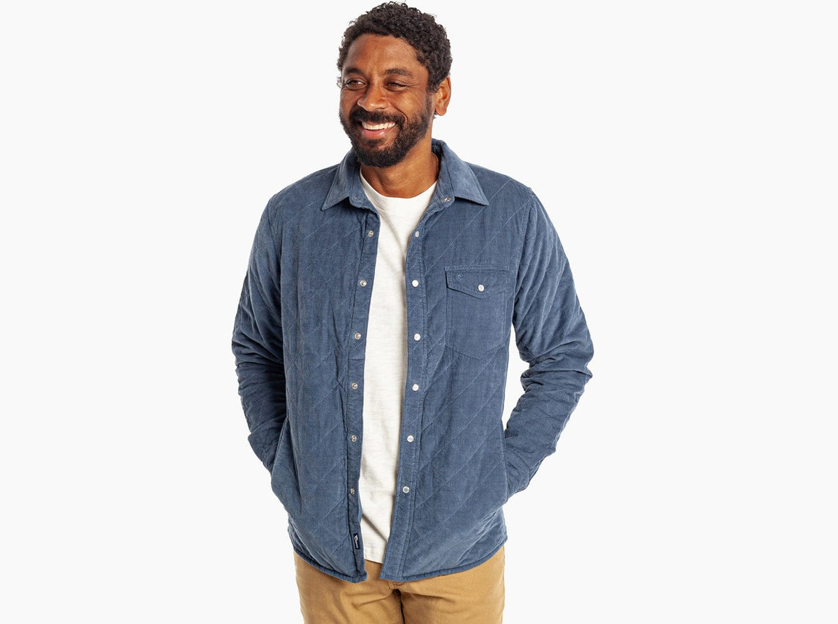 Criquet Corduroy Quilted Shacket in Slate Blue, studio photo