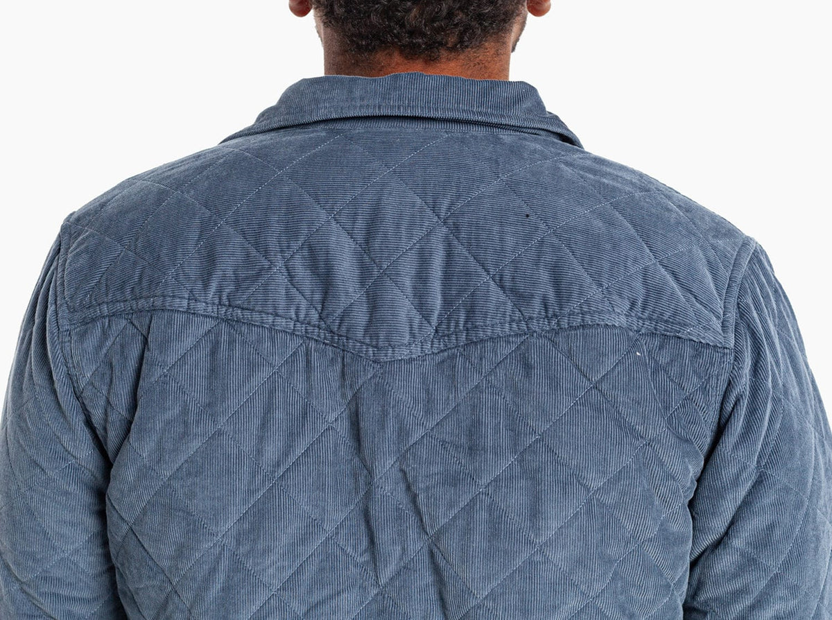 Criquet Corduroy Quilted Shacket in Slate Blue, studio photo