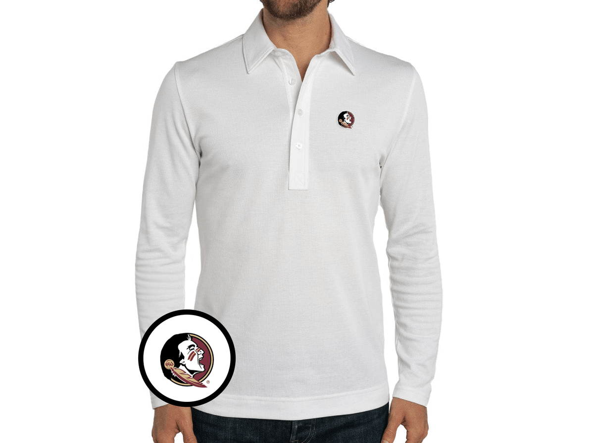 Criquet Florida State Jacquard Long Sleeve Range Polo in Seminole, White, view 1