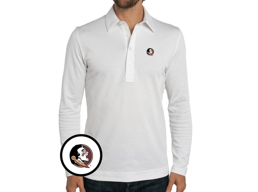 Criquet Florida State Jacquard Long Sleeve Range Polo in Seminole, White, view 1