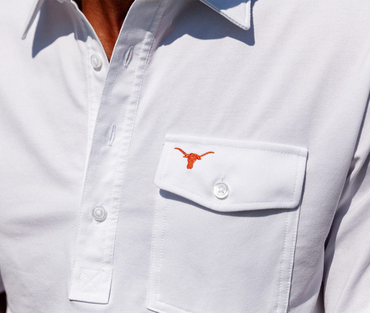 Criquet Texas in Coach's Performance Players Shirt, Longhorn, White, view 2