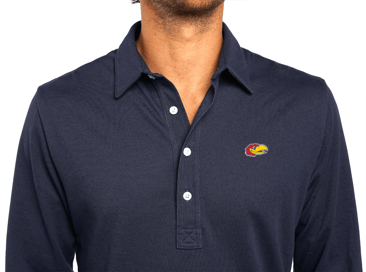 Criquet Kansas Jacquard Long Sleeve Range Polo in Jayhead, Navy, view 2