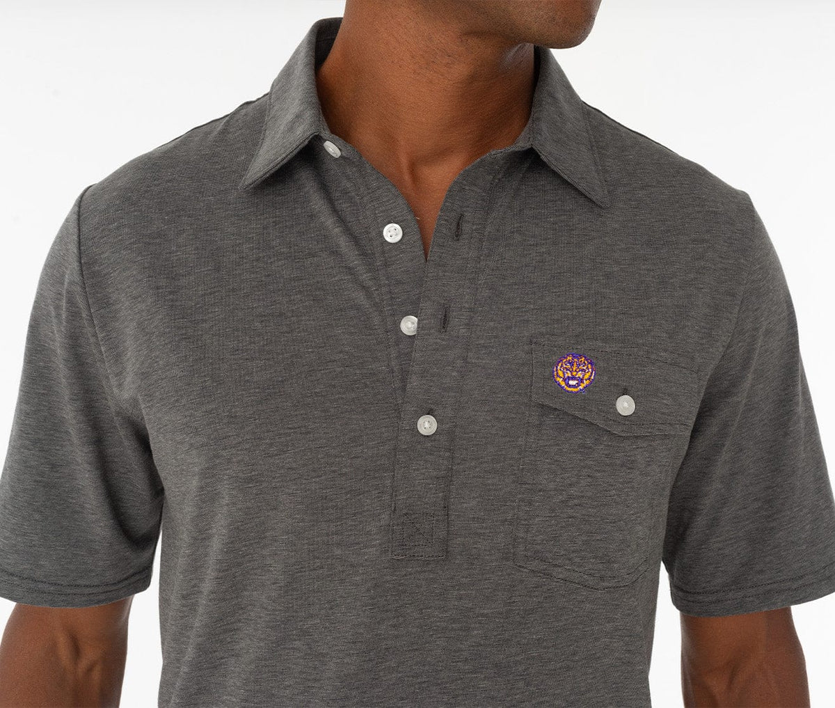 Criquet LSU in Coach's Performance Players Shirt, Tiger, Heather Gray, view 2
